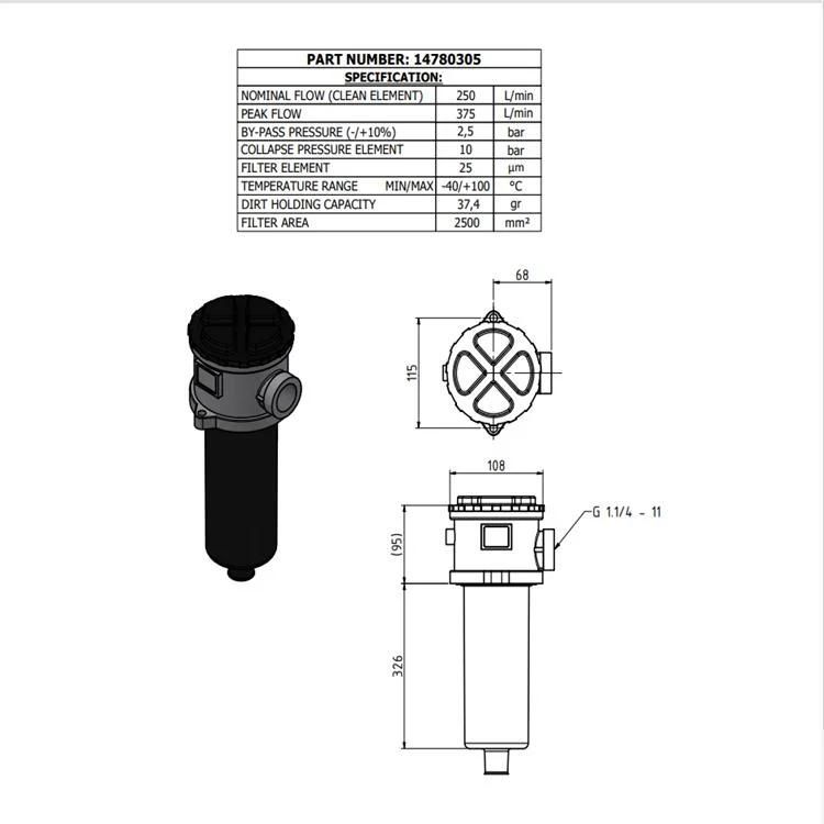 Truck Spare Parts Hydraulic Oil Filter Assy 14780305 for Dump Truck Hoist System