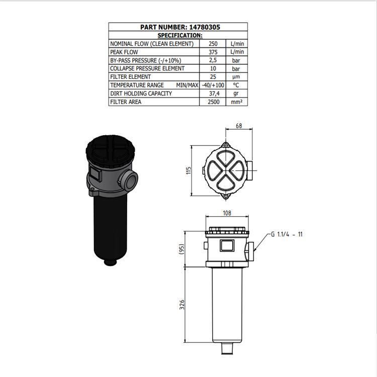 Truck Spare Parts Hydraulic Oil Filter 14780305-2 for Dump Truck Hoist System