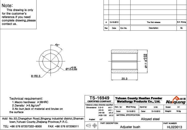 Powder Metallurgy Adjuster Plain Bearing