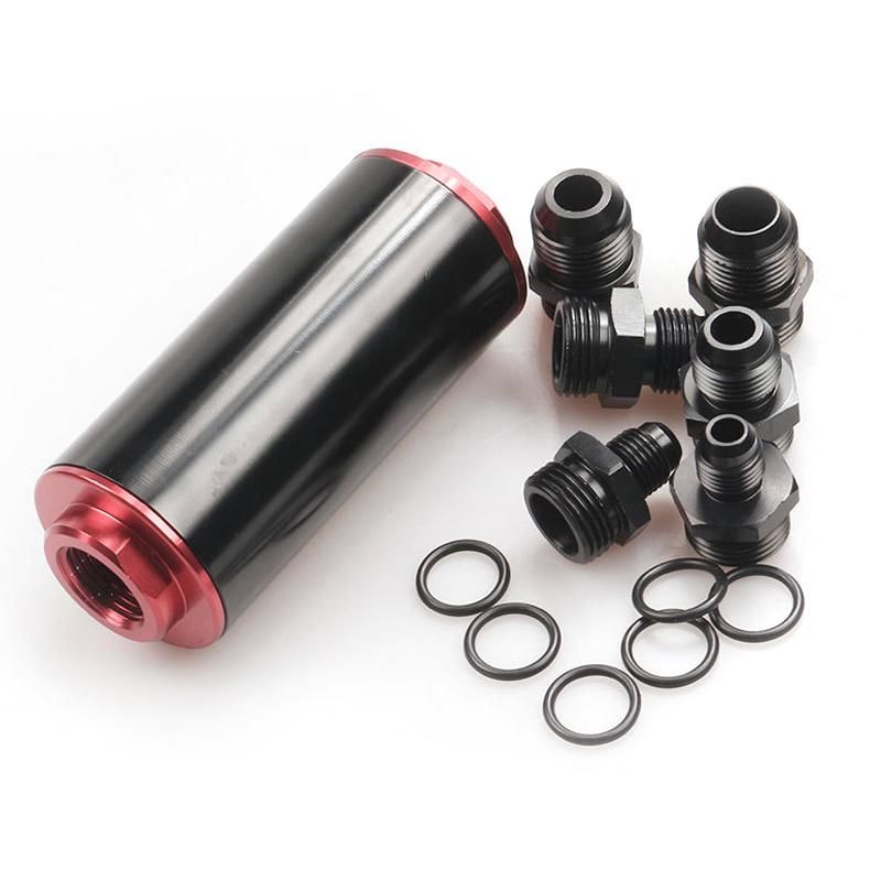 New Universal 50mm Aluminium Inline Fuel Filter with An6 An8 An10 Fittings for Racing Cars