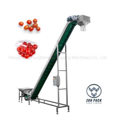 Inclined Elevator Conveyor with Food Grade Belt for Tomatoes Fruit Peach Box Jar Filling
