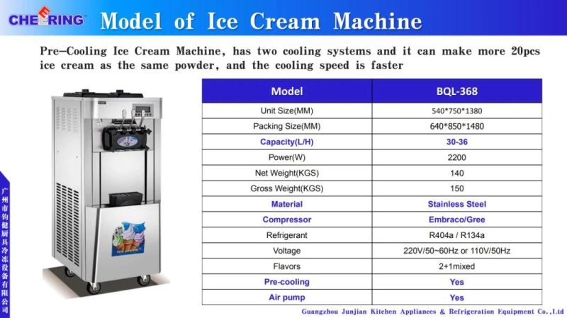 Commercial 201/304 Stainless Steel Pre Cooling Air Pump Soft Ice Cream Making Machine