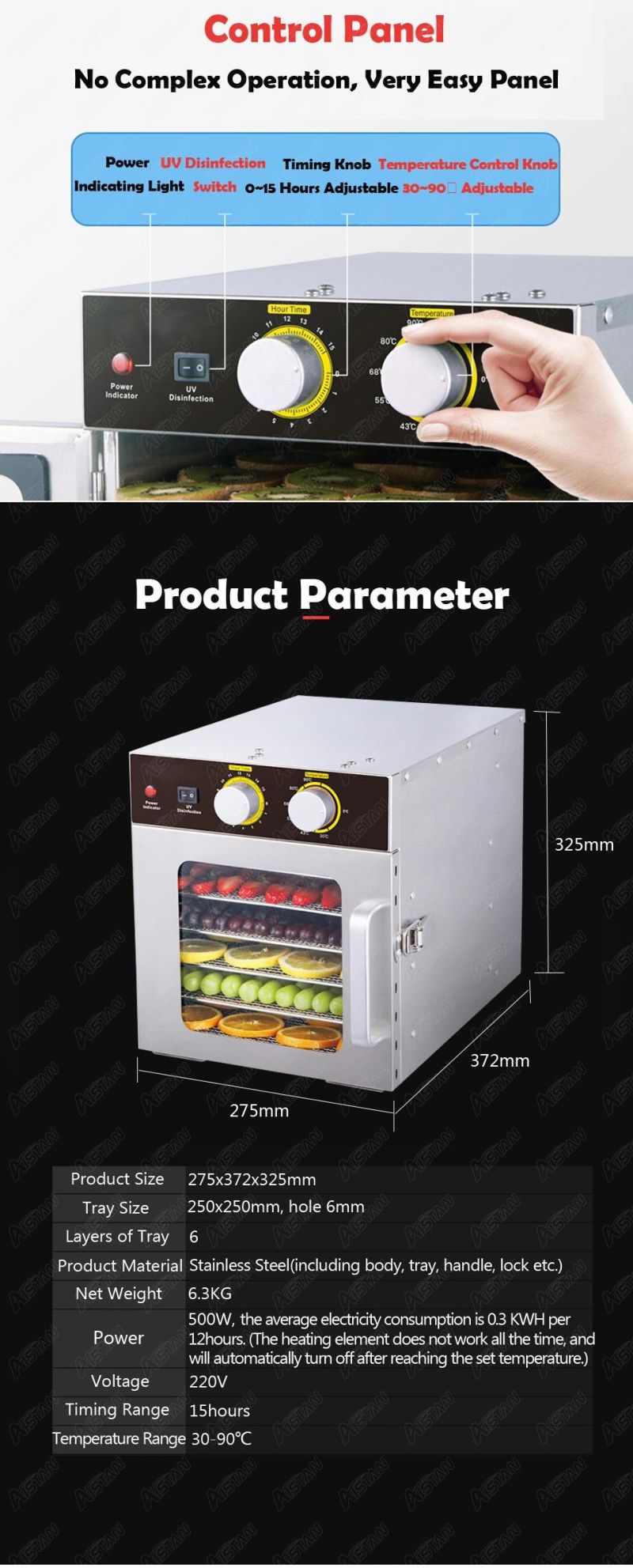 St04 Electric Food Dryer Fruits Dehydrator Machine 220V 110V Food Dehydrator Stainless Steel 6 Trays with Timer Temp. Control