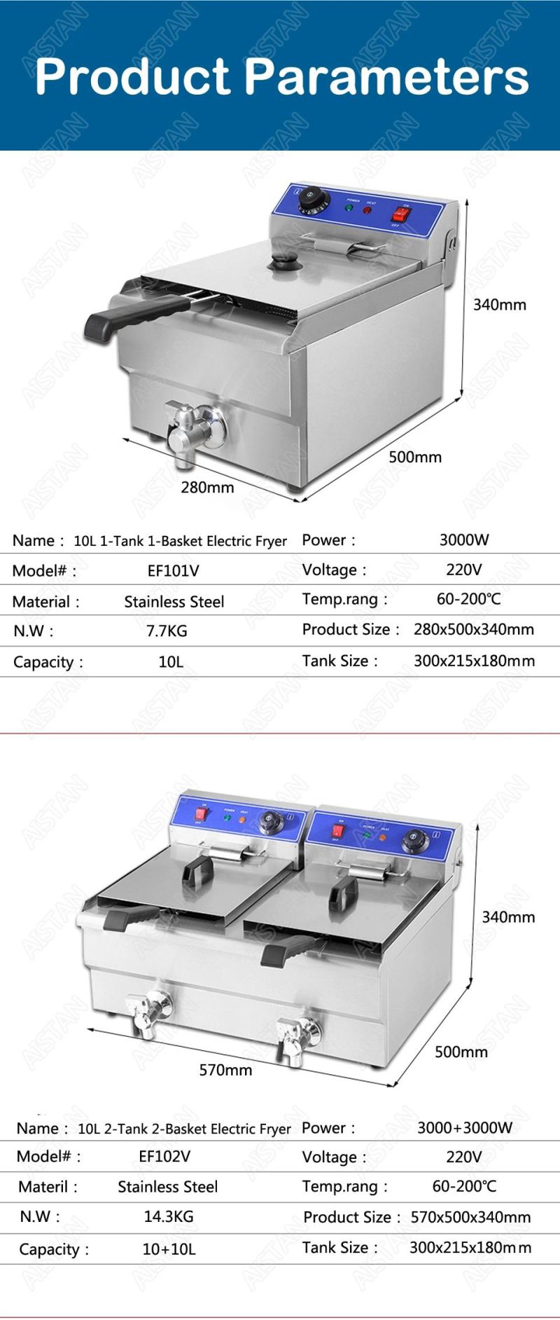 Ef192V Commercial Big Volume 19L+19L Electric Deep Fryer 2 Tanks 2 Baskets French Fry Oil Kfc Fryers