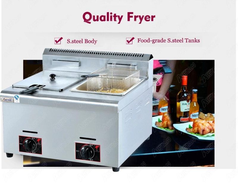 GF72 Commercial Counter Top Stainless Steel Large Capacity Chicken French Chips LPG Gas Deep Fryer Machine with Baskets