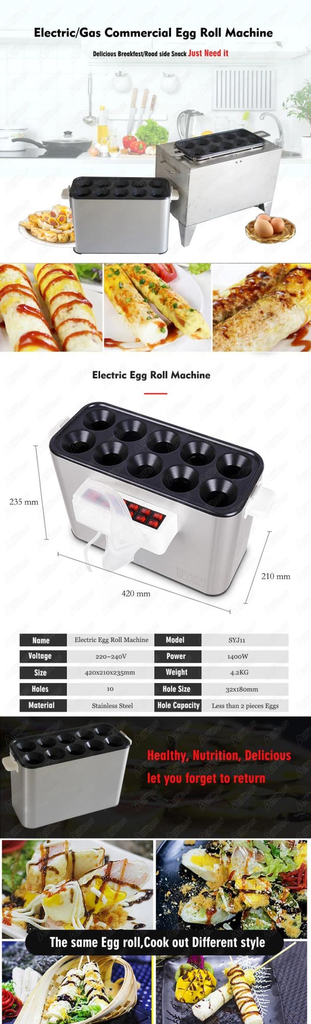 Syj11 Electric Multifunctional Egg Sausage Roll Maker Boiler Cooker Machine Ten Tubes Stainless Steel Egg Fried