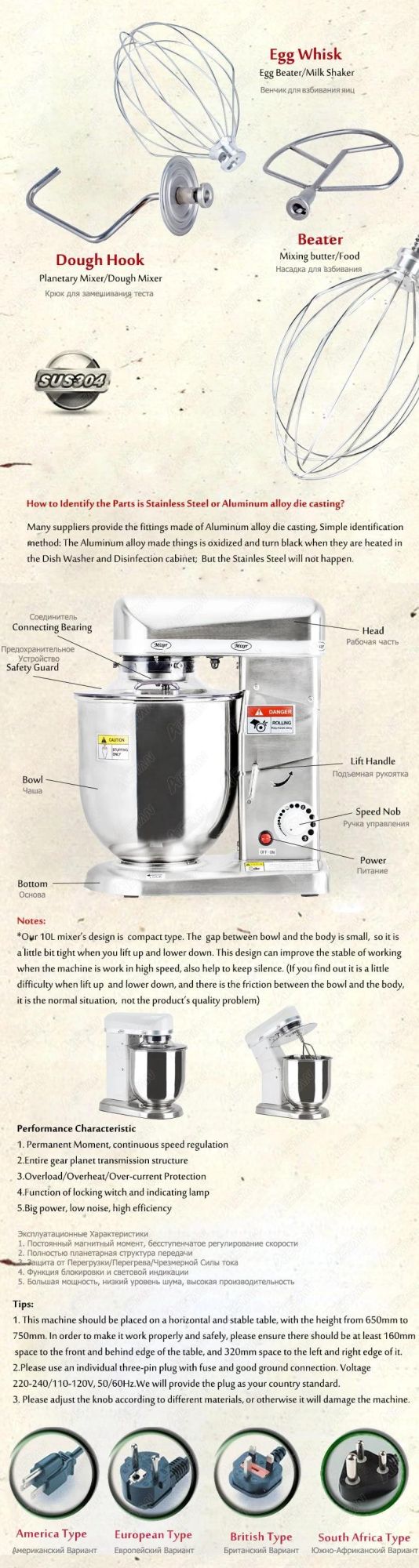 B10s 10L Electric Kitchen Flour Pizza Dough Planetary Stand Mixers Food Processor with Mixing Bowl & Wisk, Dough Hook, Beater