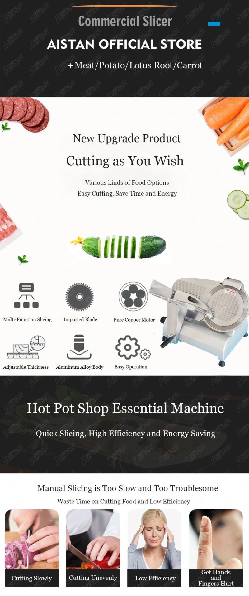 Ms250st Electric Meat Slicer Machine Aluminum-Magnesium Alloy Body Stainless Steel Disc Blade Meat Vegetable Fruit Cutter