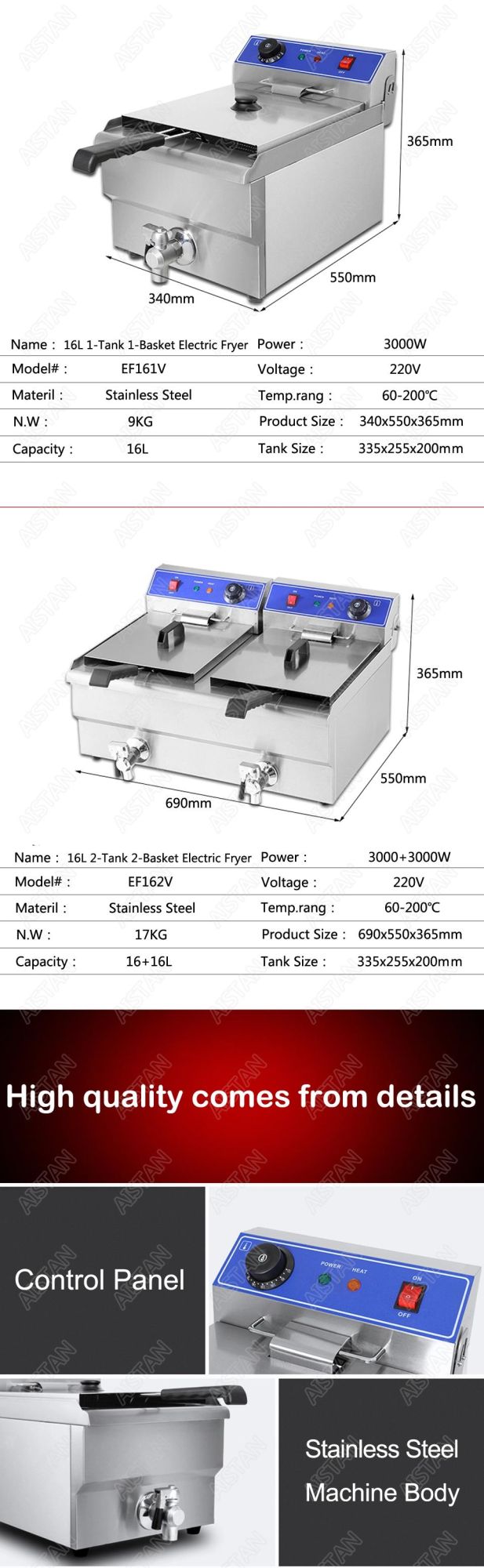 Ef102V Electric Counter Top Deep Fryer Commerical French Fry Chips Potato Chicken Fryers with Tanks Baskets Stainless Steel 10+10L