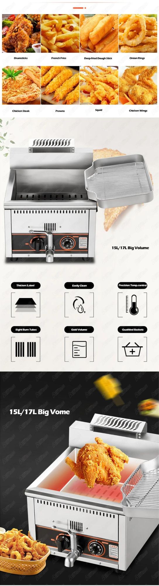 Bdh15L Tabletop Gas Deep Fryer with Temperature Control Stainless Steel#304 LPG or Natural Gas Chips Chicken Frying Machine