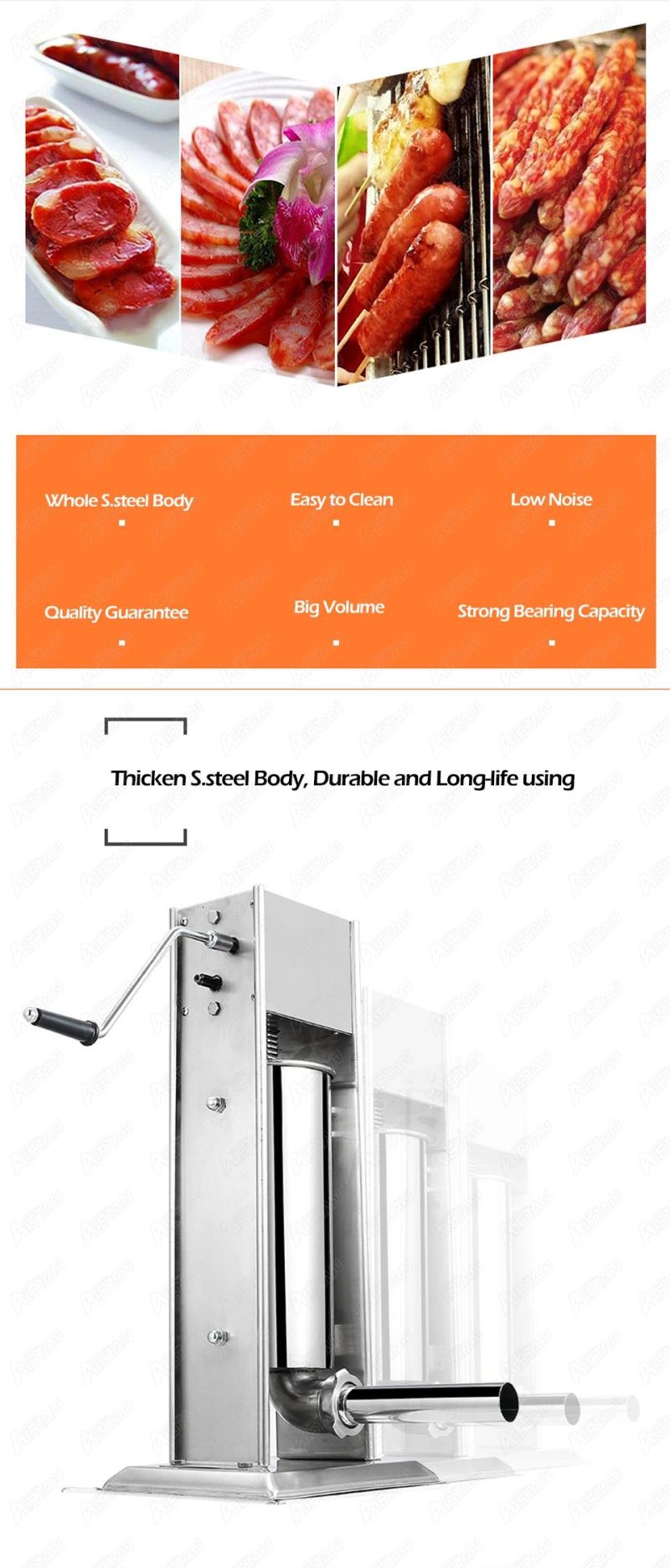 Ys3l Food Grade Stainless Steel Manual Sausage Stuffer 3L Vertical Sausage Filler Filling Machine with 4 Nozzles