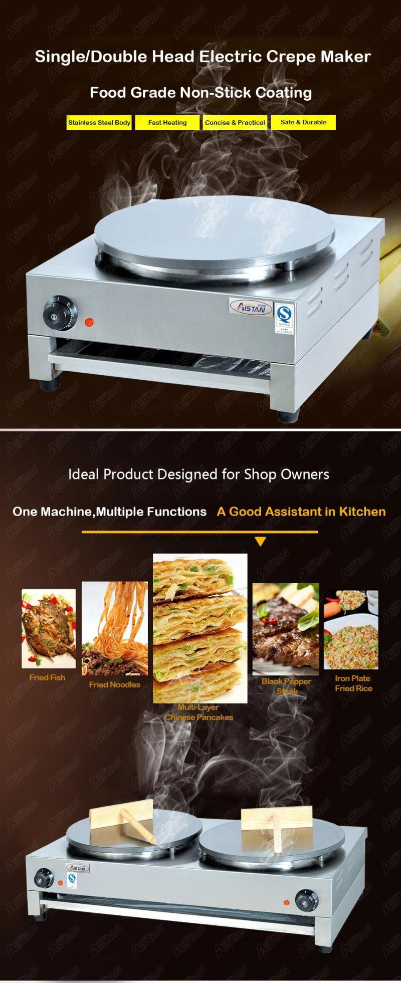 De2 Professional Stainless Steel Commercial Non-Stick Electric Double Plate Crepe Maker Pan Cake Making Machine