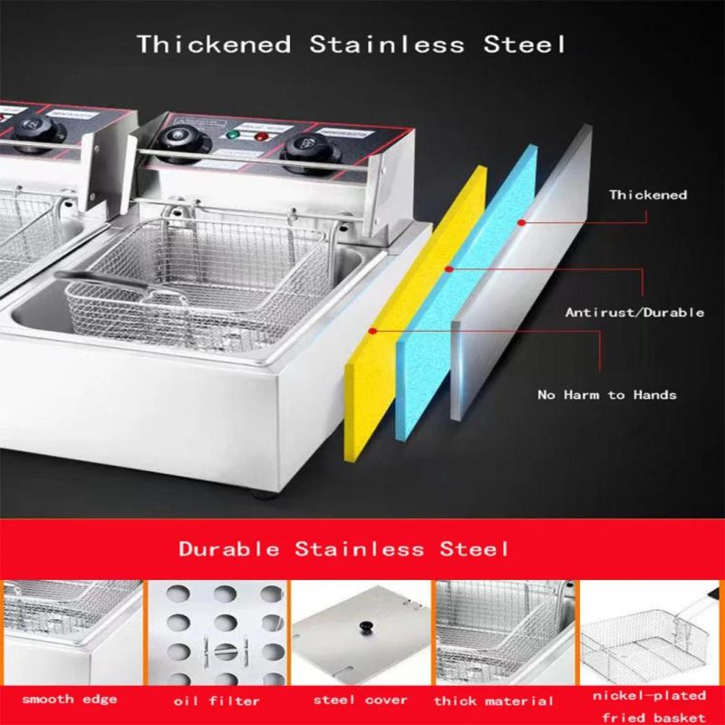 10L 60 Minutes Timer 200 Degrees Celsius Temperature Control Double Tanks Stainless Steel Electric Fryer