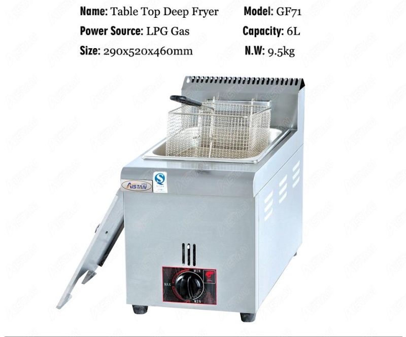 GF72 Commercial Counter Top Stainless Steel Large Capacity Chicken French Chips LPG Gas Deep Fryer Machine with Baskets