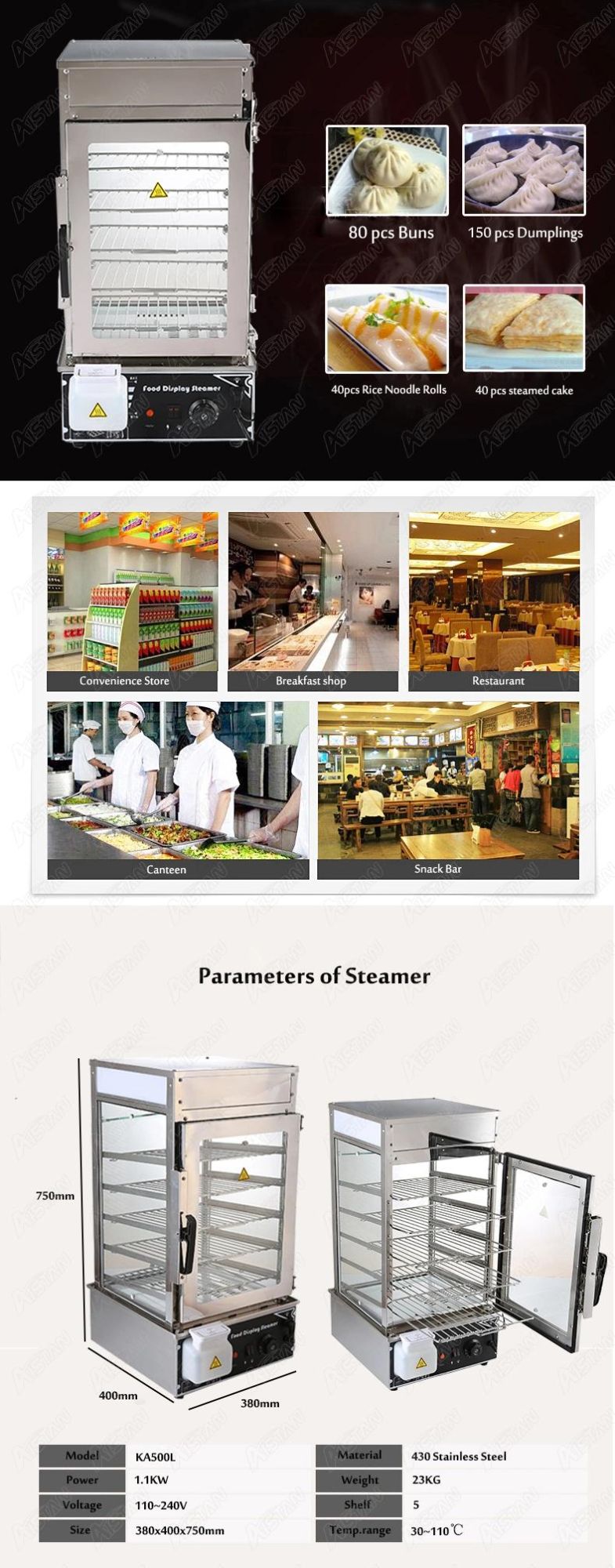 Ka500L Electric Chinese Bun Steamer Commercial Steamer Machine Stainless Steel Floor Steamer 5 Layers 500L 220V 110V