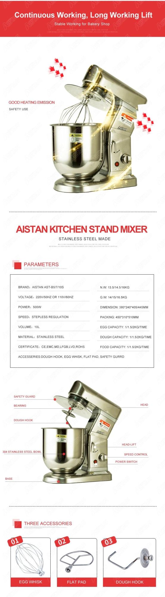 Ast-B10s Stand Mixer, 10L 500W Speed Adjustable Tilt-Head Food Mixer, Kitchen Electric Mixer with Dough Hook, Wire Whip & Beater, Stainless Steel