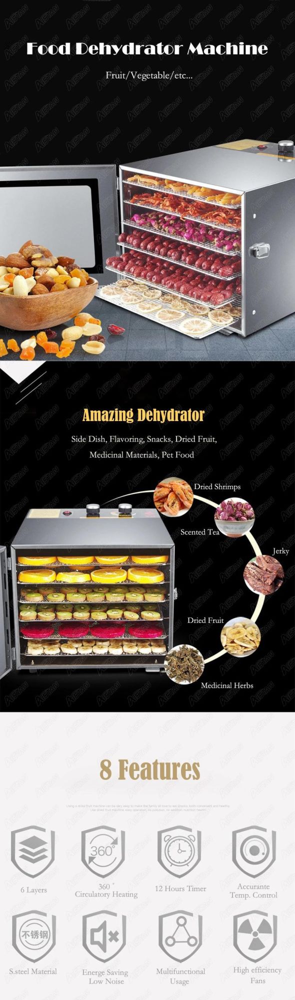 Xh02 10 Trays Food Dehydrator Snacks Dehydration Dryer Fruit Vegetable Herb Meat Drying Machine Stainless Steel