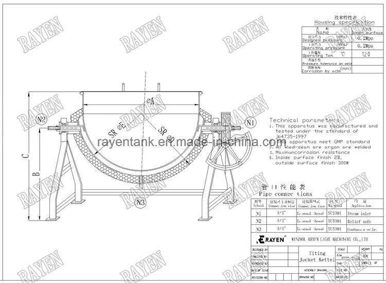 Sanitary SS304 Electric/Steam Jacketed Kettle for Sauce Tomato, Jam