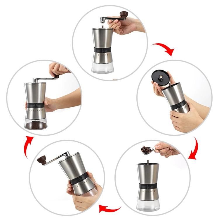 Manual Coffee Grinder with Adjustable Setting - Conical Burr Mill & Brushed Stainless Steel Whole Bean Burr Coffee Grinder