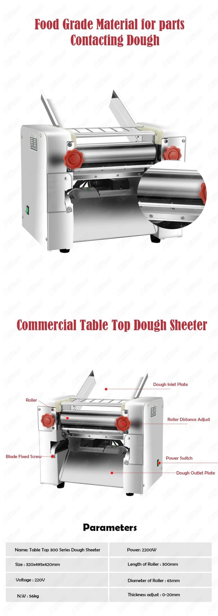 FKM300 Electric Dough Roller Stainless Steel Dough Sheeter Noodle Pasta Dumpling Maker Machine 220V Roller and Blade Changeable