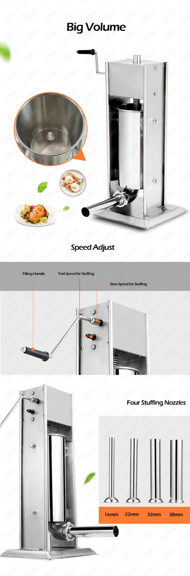 Ys7l Stainless Steel Sausage Stuffer Vertical Manual Handheld Sausage Stuffer Filling Machine with 4 Stuffing Nozzles