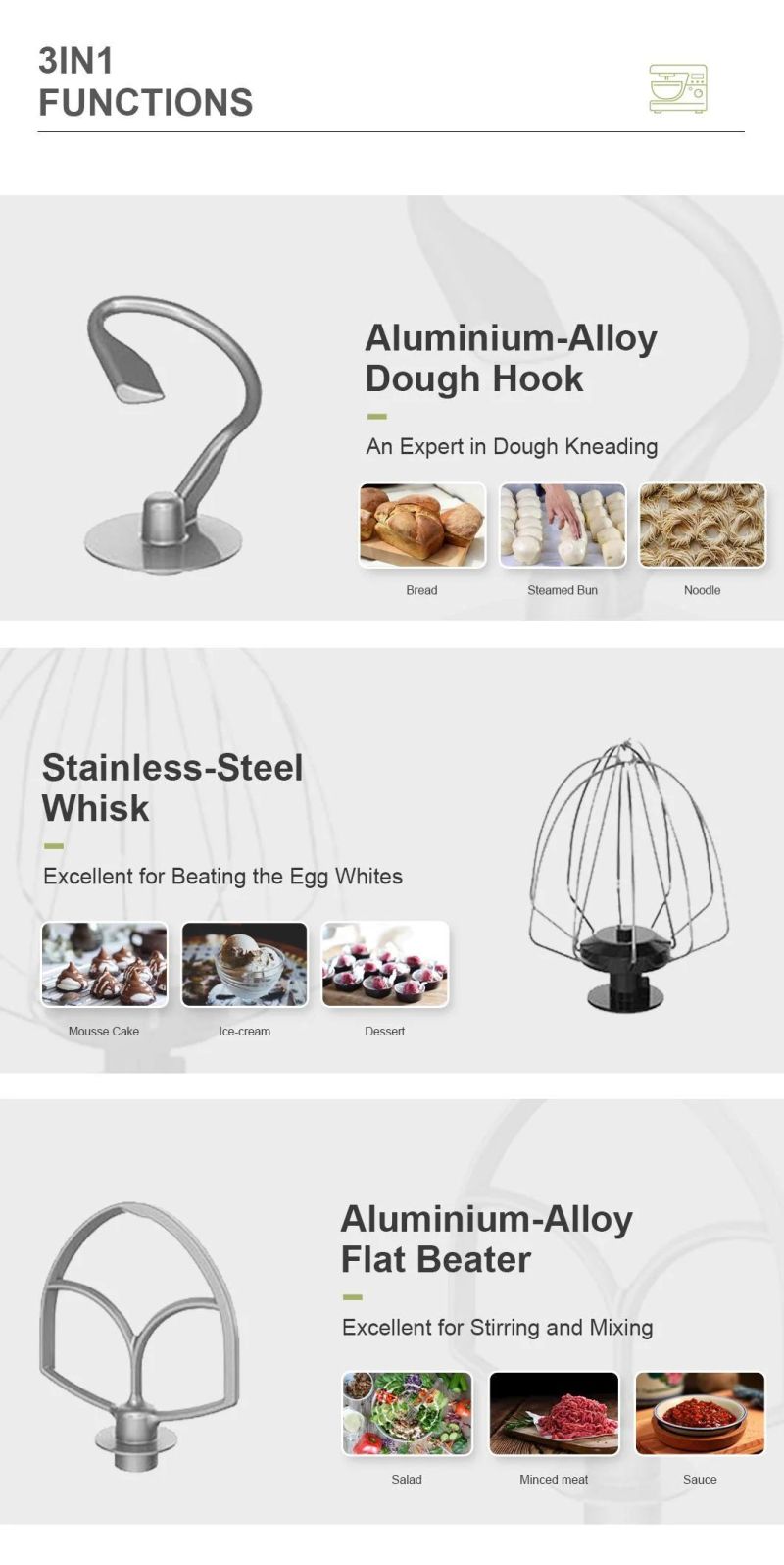 Easy to Operate Personalized Design 3 in 1 Stand Mixer Variable 8 Speed with Pulse Multi Function Stand Mixer Dough Maker