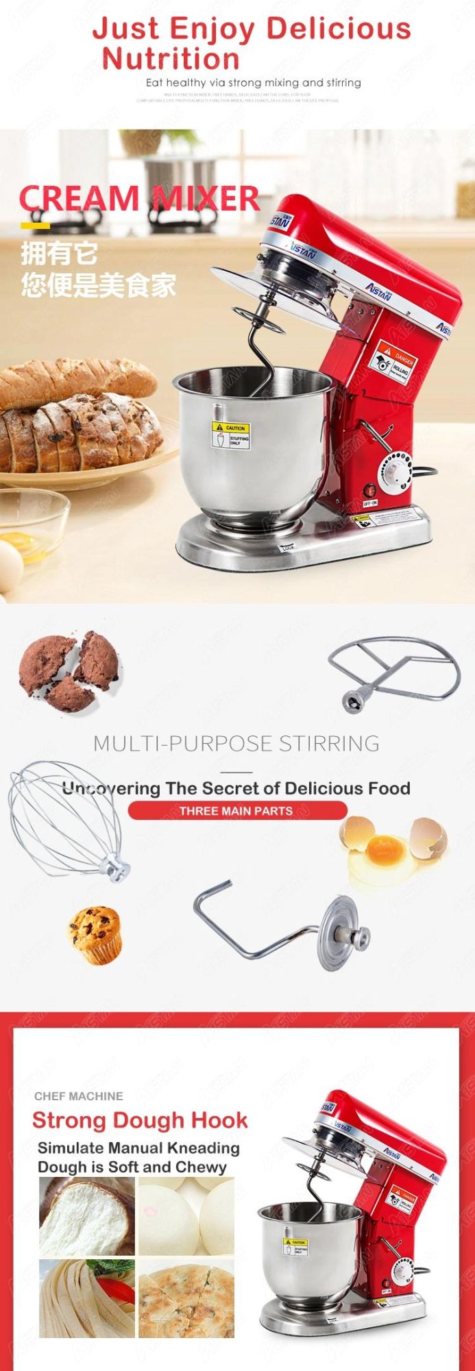 B7w Electric 7L Kitchen Flour Planetary Pizza Dough Stand Mixers Food Processor for Cake Bread with Bowl Cover Hook Whisk