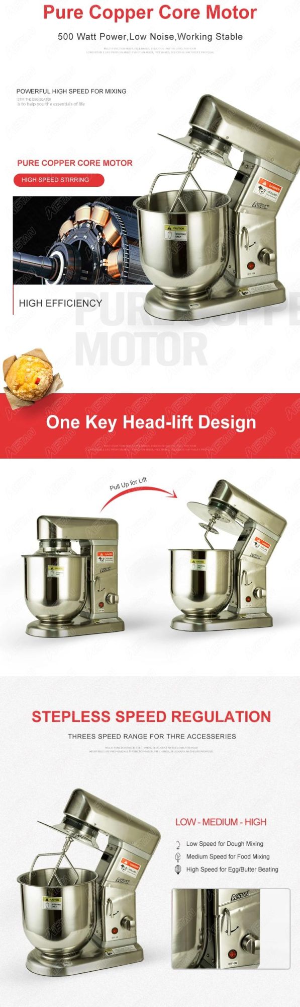 Ast-B10s 500W Food Kitchen Equipment Electric Stand Mixer Cake Dough Kneader with 10L Bigger Bowl & Dough Hooks & Whisk & Beater