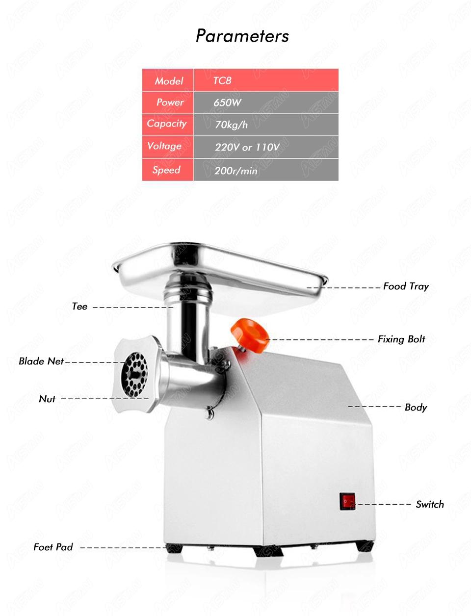 Tc8 Automatic Multifunctional Electric Meat Grinder Mincer Machine Food Grade Stainless Steel Food Tray