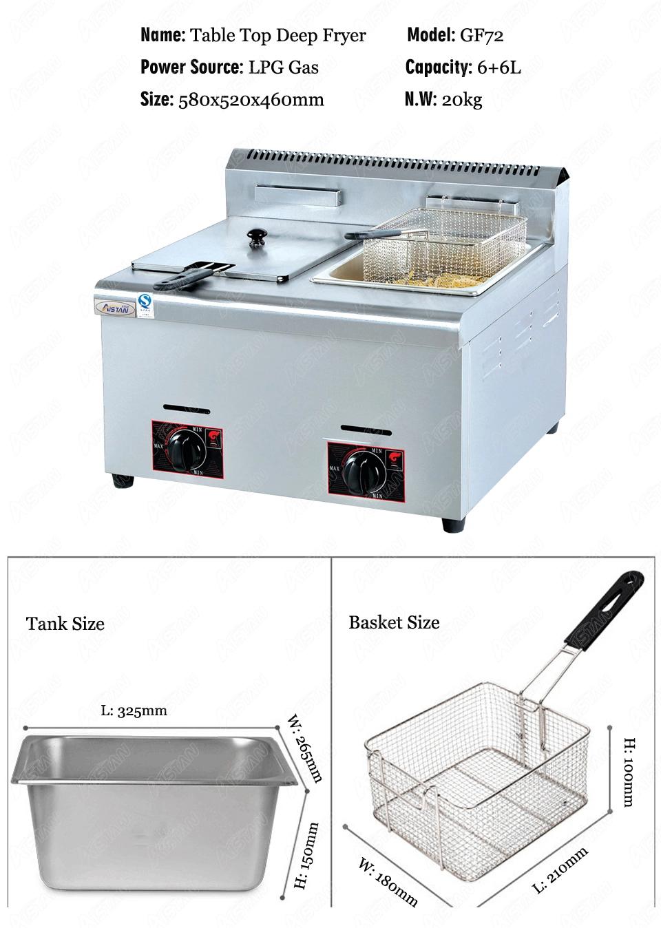 GF72 Commercial Counter Top Stainless Steel Large Capacity Chicken French Chips LPG Gas Deep Fryer Machine with Baskets