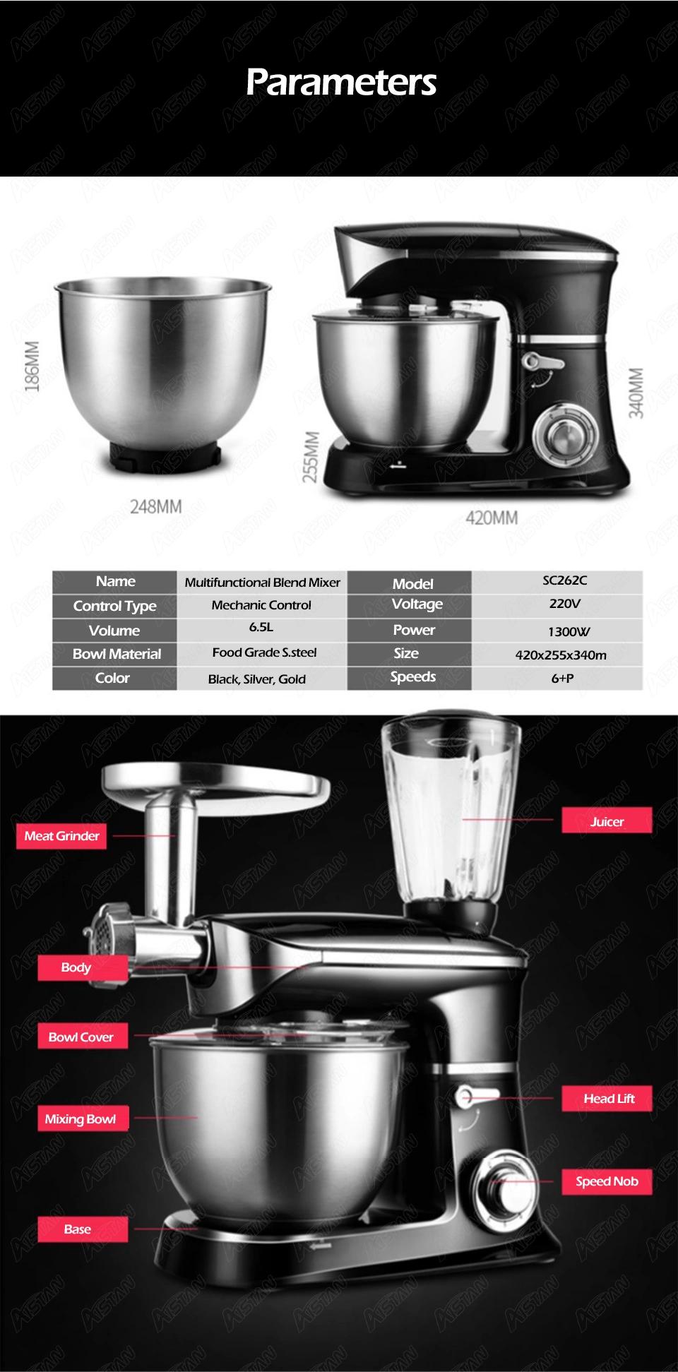 Sc262c 1300W Commercial Planetary Mixer Food Mixer & Meat Grinder & Juice Blender & Dough Mixer with 6.5L Stainless Steel Bowl