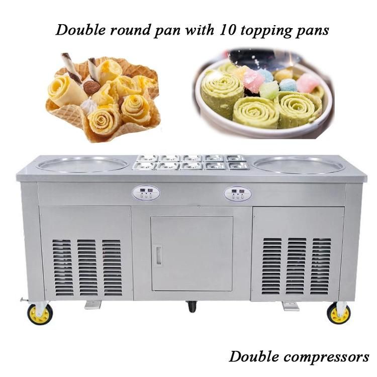 Temperature Control 110V/2202V Double Round Pan with 10 Cooling Food Tanks Thailand Style Fried Ice Cream Roll Machine