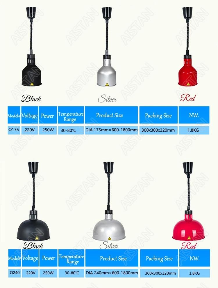 O175 250W Electric Retractable Cord Food Heating Ceiling Lamp/ Food Warming Pendent Hanging Light for Restaurant Kitchen Buffet