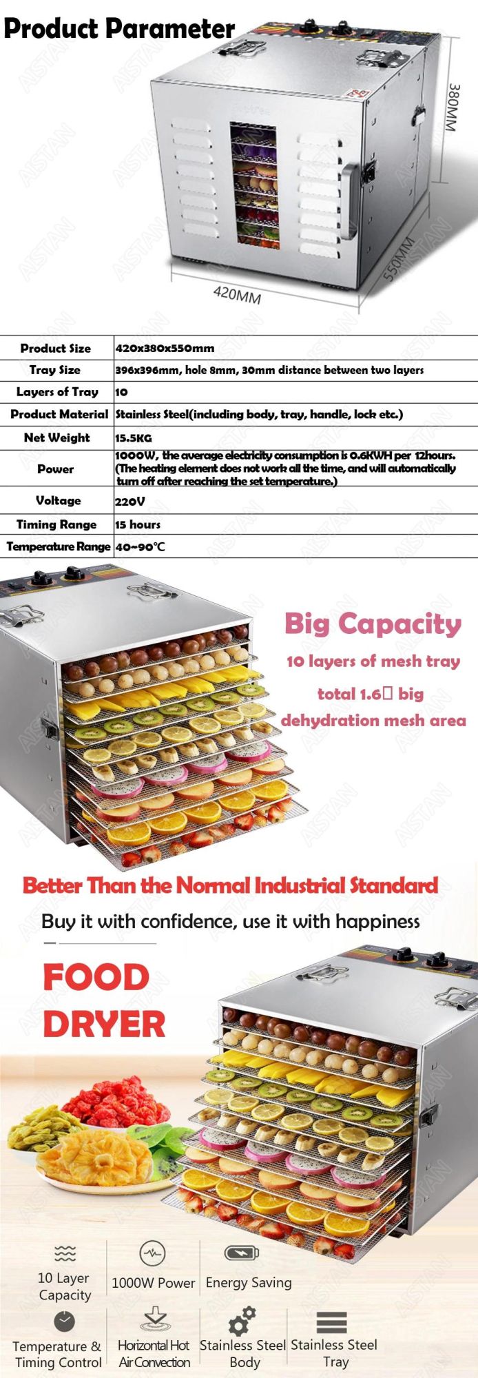 St01 Ten Trays Food Dehydrator Snacks Dehydration Dryer Fruit Vegetable Herb Meat Drying Machine Stainless Steel