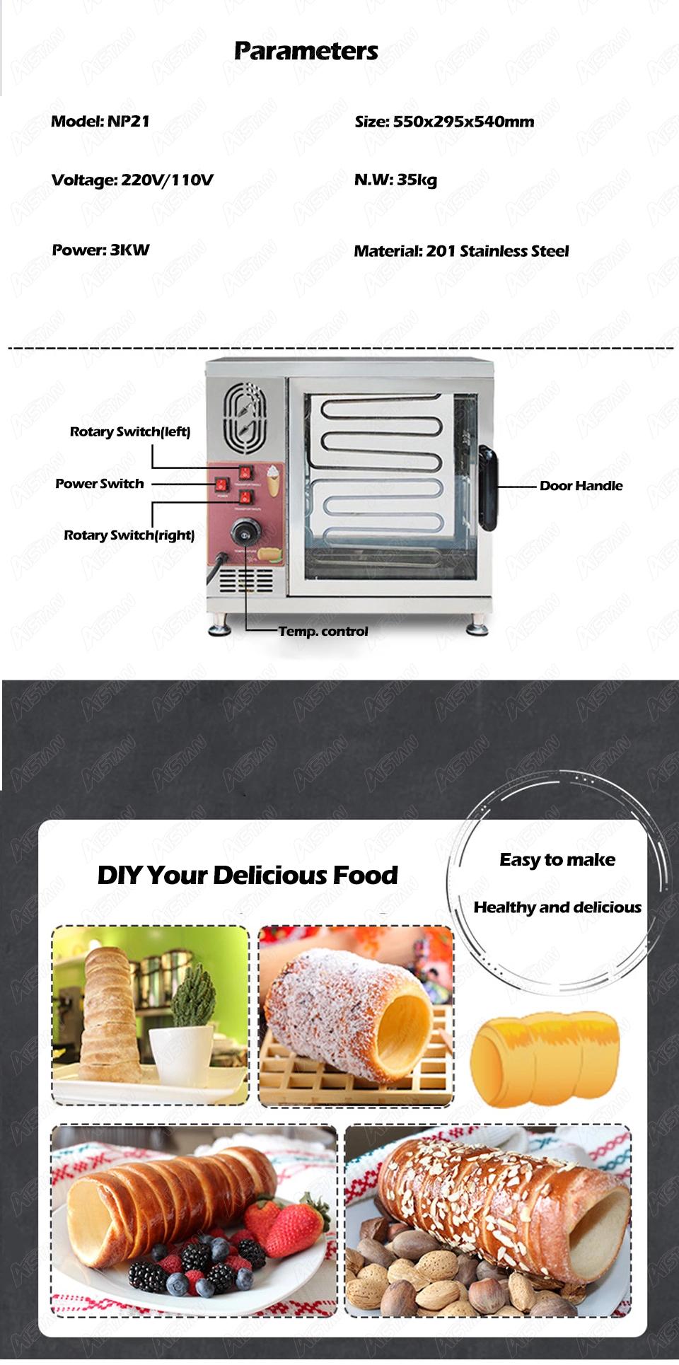 Np21 Commercial Electric Chimney Cake Bread Oven 3kw Ice Cream Corn Baker Roller Grill Oven for Snack Machine