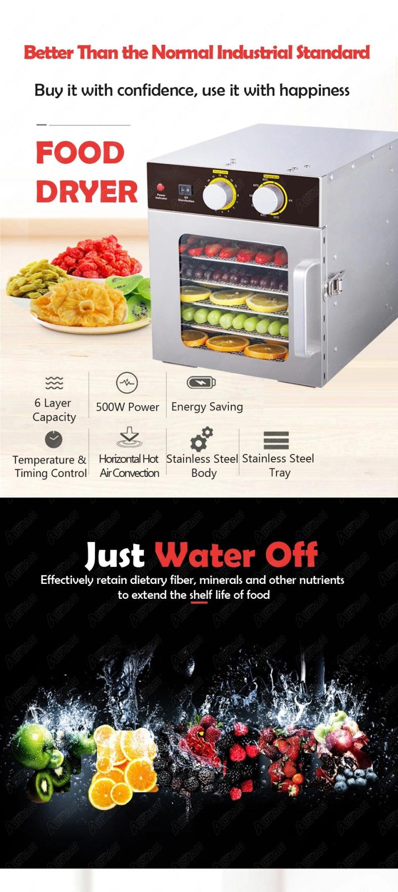 St04 Electric Food Dryer Fruits Dehydrator Machine 220V 110V Food Dehydrator Stainless Steel 6 Trays with Timer Temp. Control