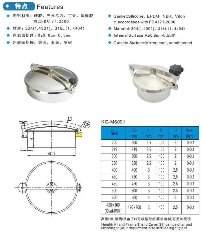 Food Grade Stainless Steel SS304 SS316L Tank Manhole Cover Without Pressure