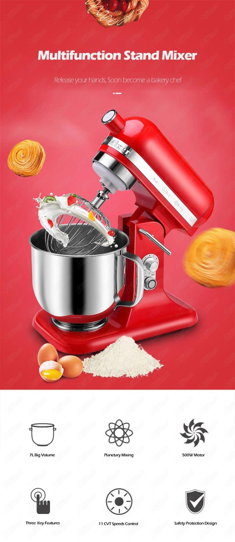 Gl7580 Mini Kitchen Stand Mixer for Dough Mixer Egg Beater Food Mixing Planetary Food Mixer Machine 220V 110V