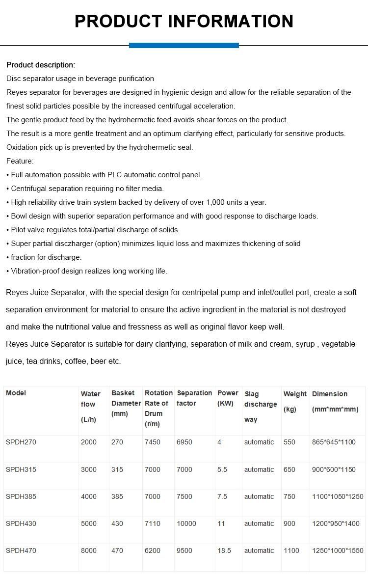 High Quality Disc Separator Juicer Centrifuge for Apple Juice Clarifying Centrifuge