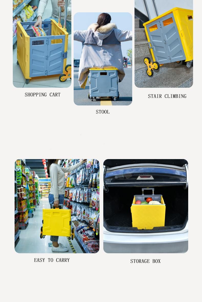 China Hot Sale Plastic Portable Grocery Folding Trolley Box Cart with Wheels for Stairs