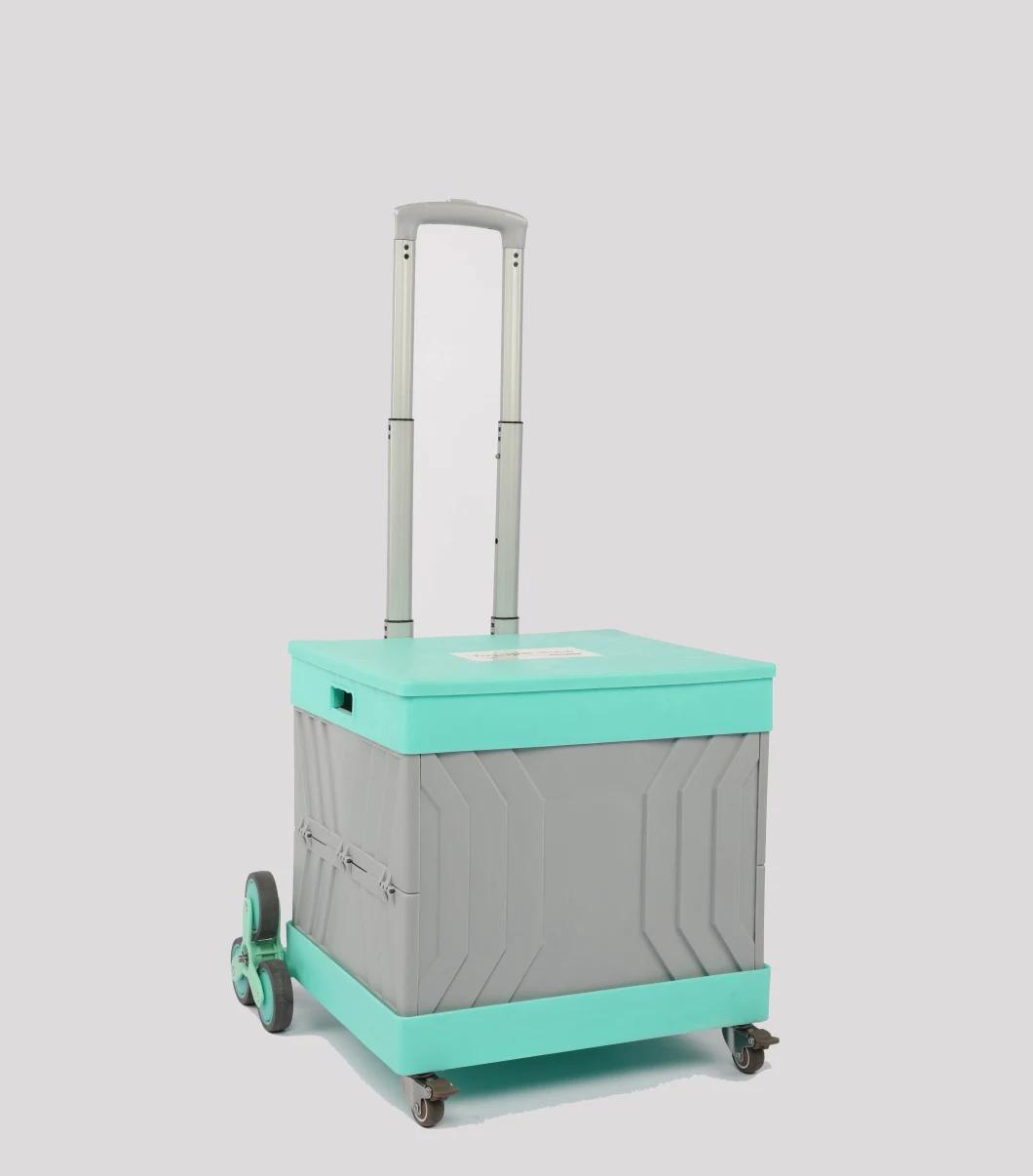 Factory Fold-and-Roll Design Plastic Shopping Trolley Carts with Four Wheels