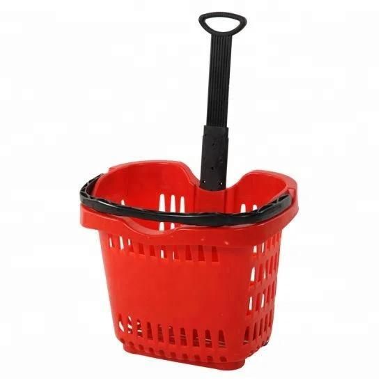 High Grade Supermarket Plastic Shopping Basket with Wheels