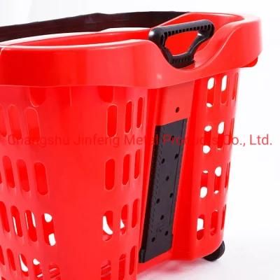 Supermarket Store Fixture Plastic Storage Rolling Shopping Basket with Two Wheels