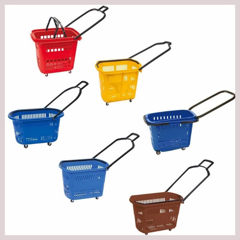 Wholesales Supermarket Durable Plastic Shopping Shop Basket with Wheels