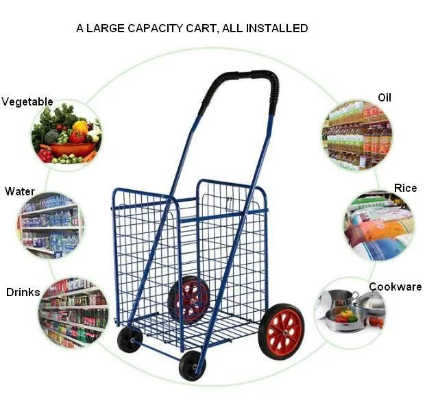 China Foldable Luggage Mobile Shopping Trolley Metal Supermarket Cart with Wheels