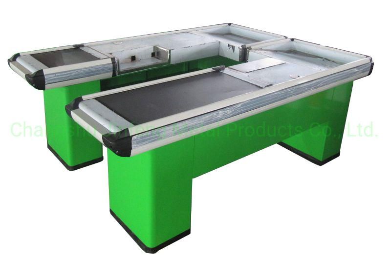 Supermarket & Store Fixture Design Checkout Counter Cashier Desk with Conveyor Belt