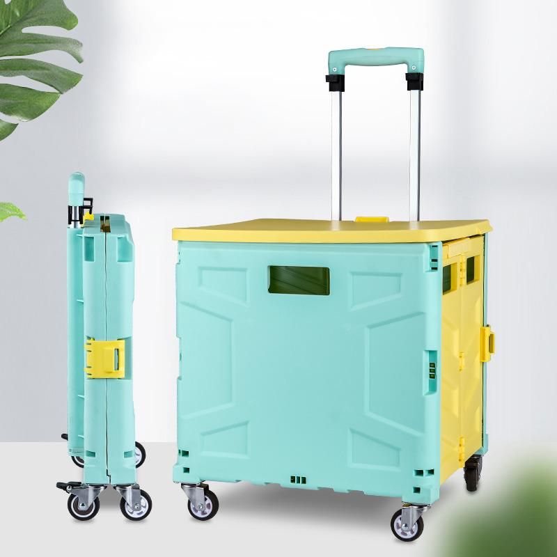 China Promotional 4 Wheel Plastic Storage Box Portable Folding Trolley Cart for Shopping