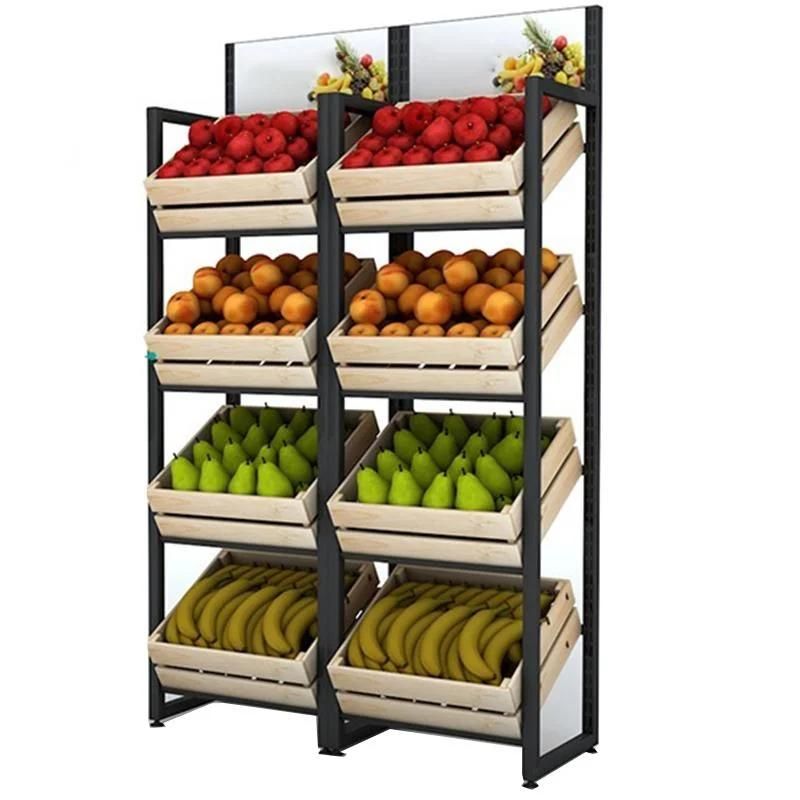 Wood and Steel Display Rack Supermarket Vegetable and Fruit Rack