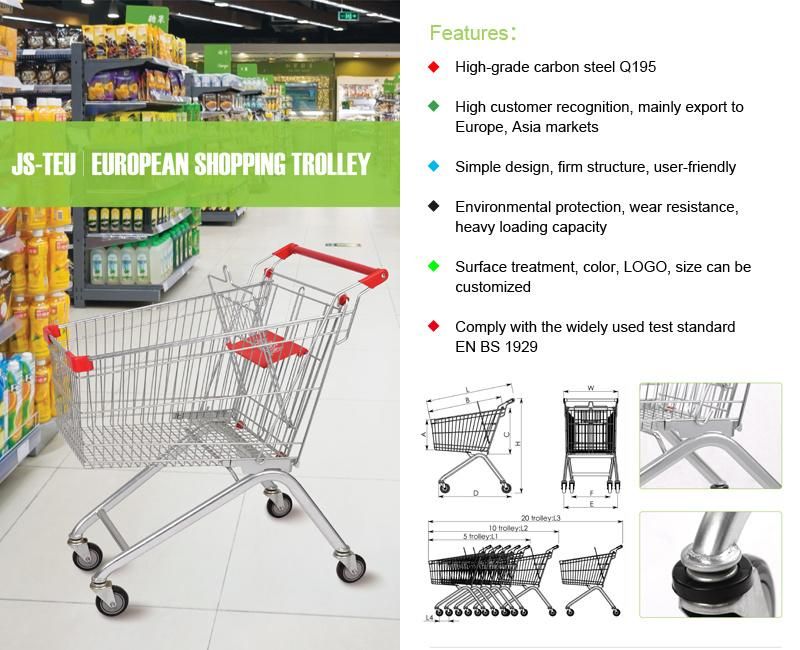 Wholesale Supermarket Equipment Hand Trolley, China Manufacturer Metal European Style Hand Push Trolley Shopping Cart