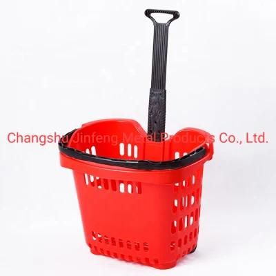 Supermarket Shopping Trolley Rolling Plastic Storage Plastic Basket with Two Wheels